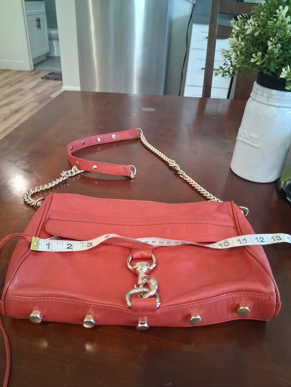 Rebecca Minkoff Coral-Red Leather Crossbody with Gold Chain